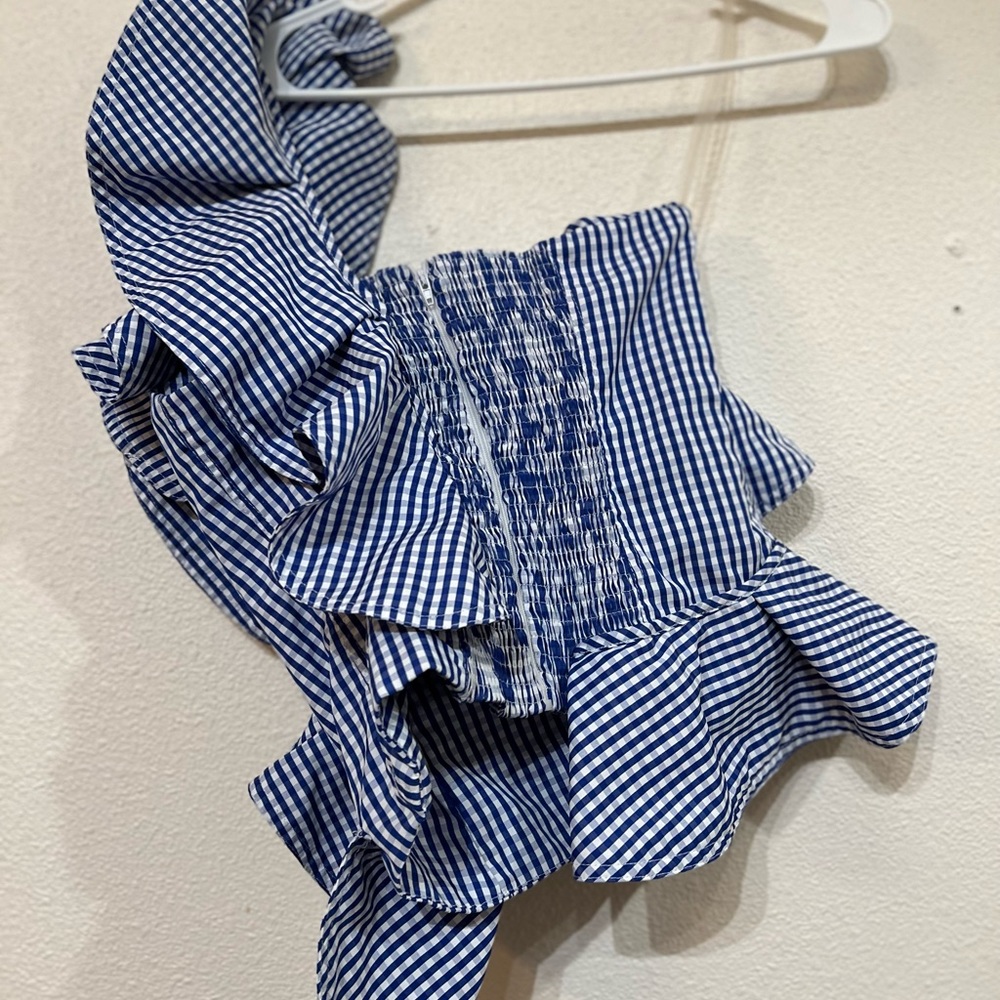 Alpha & Omega, One-shoulder blue blouse